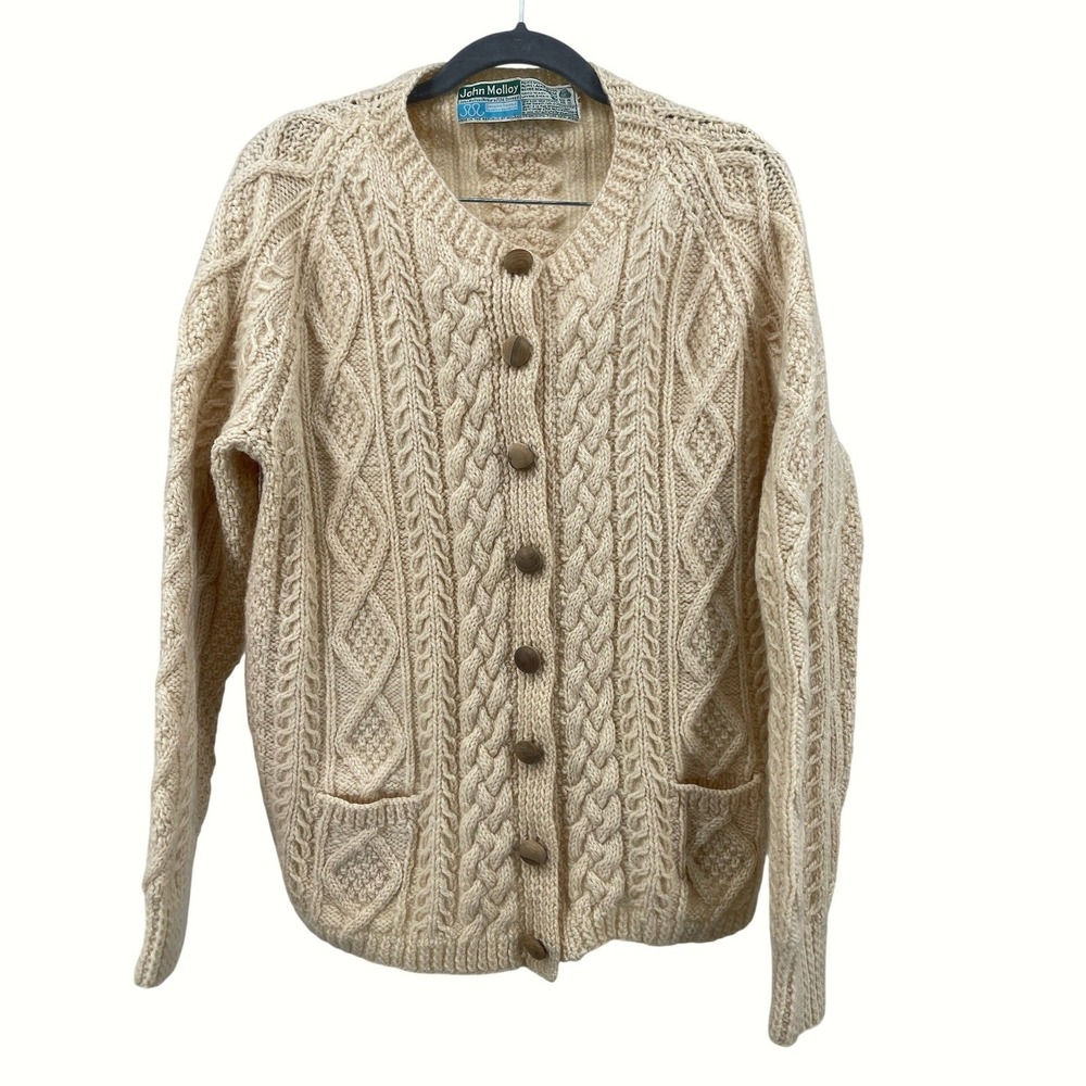 John Molloy Cardigan Womens L Cream Cable Knit Pure Virgin Wool Handknit Ireland